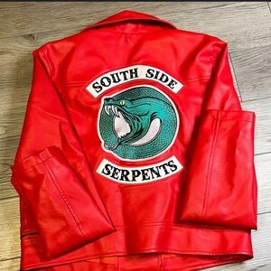 Red Faux Leather Jacket with Southside Serpent Patch